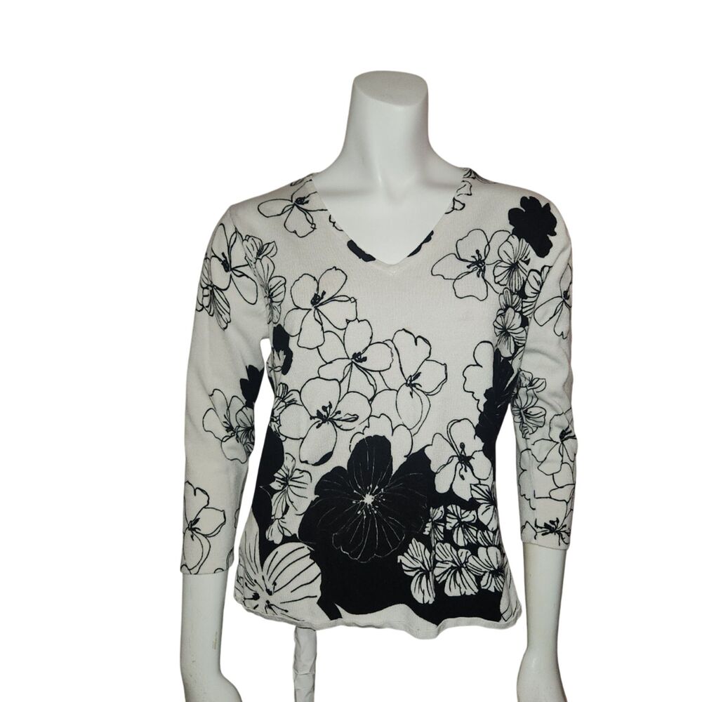 Colour Works V Neck Blouse Black and White Floral Print Womens Size Medium